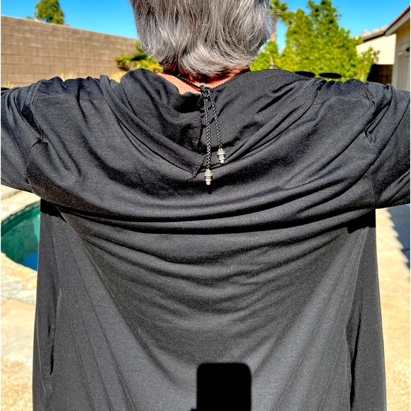 Black Shawl Collar Open Front Asymmetrical Cardigan Duster Pockets 44 M L NWT - Picture 7 of 10